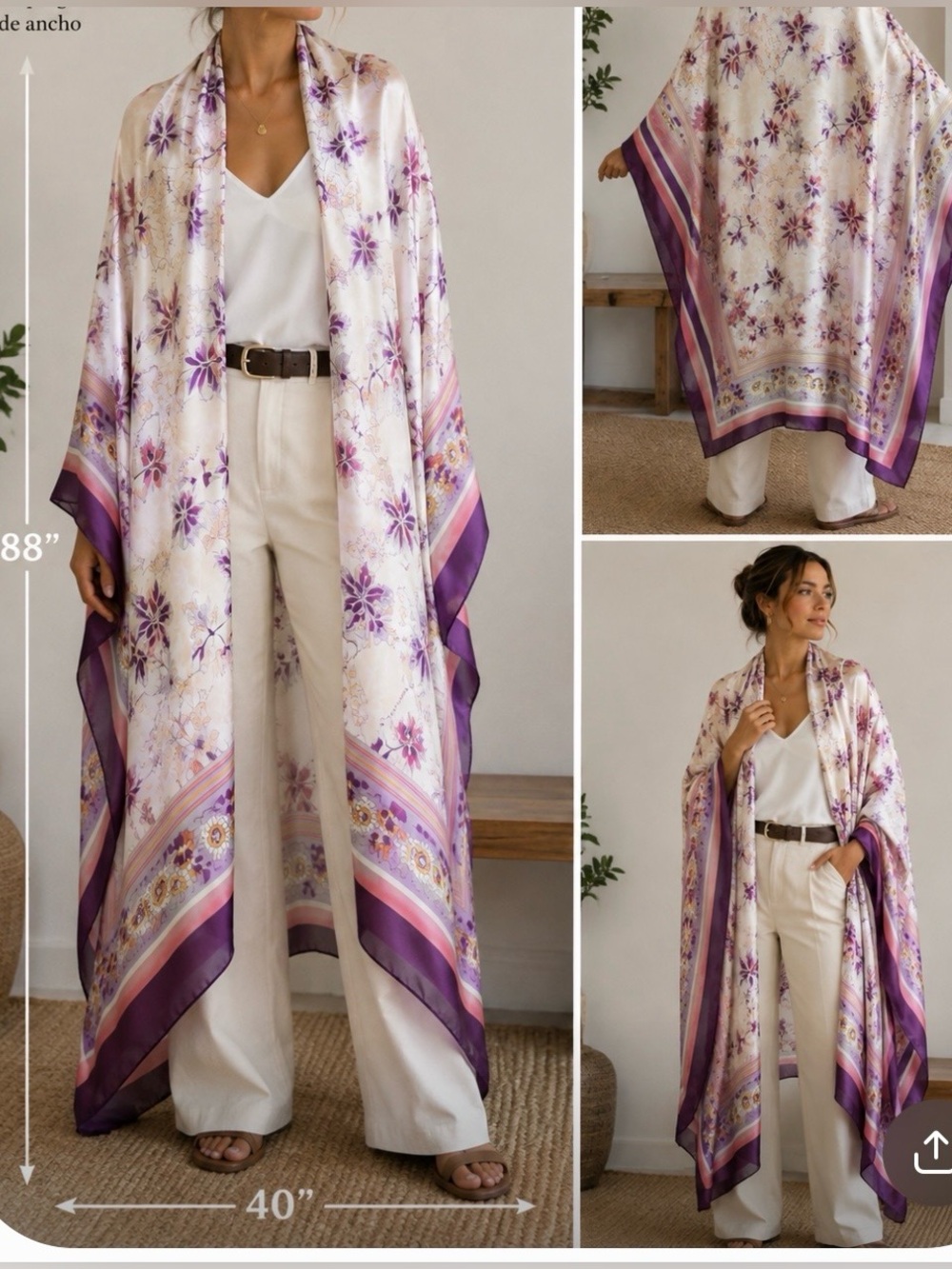 New DANA XU Silk Satin Floral Butterfly Shawl Wrap Scarf Purple Ivory Pink 40x88